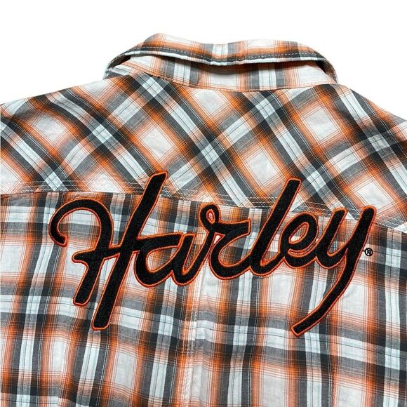Harley-Davidson Short Sleeve Pearl Snap Button Down Shirt Orange Plaid Medium - Picture 5 of 6
